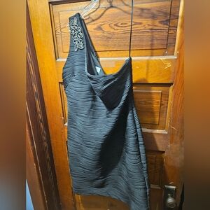 Sophia Christina Black One-Shoulder Dress with Black And Gold Embellishment